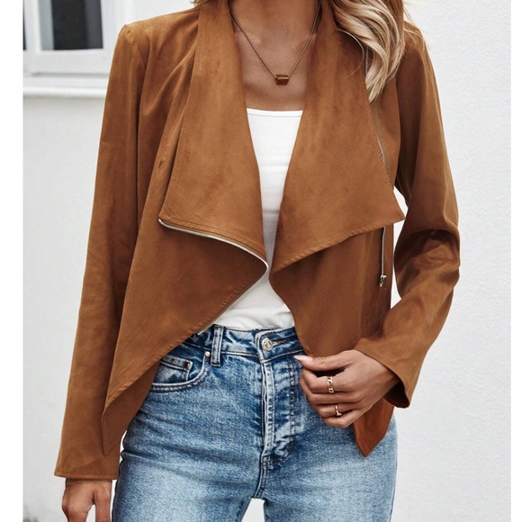 Luxe Rust Vegan Suede Zip up Biker Moto Jacket - Picture 3 of 5